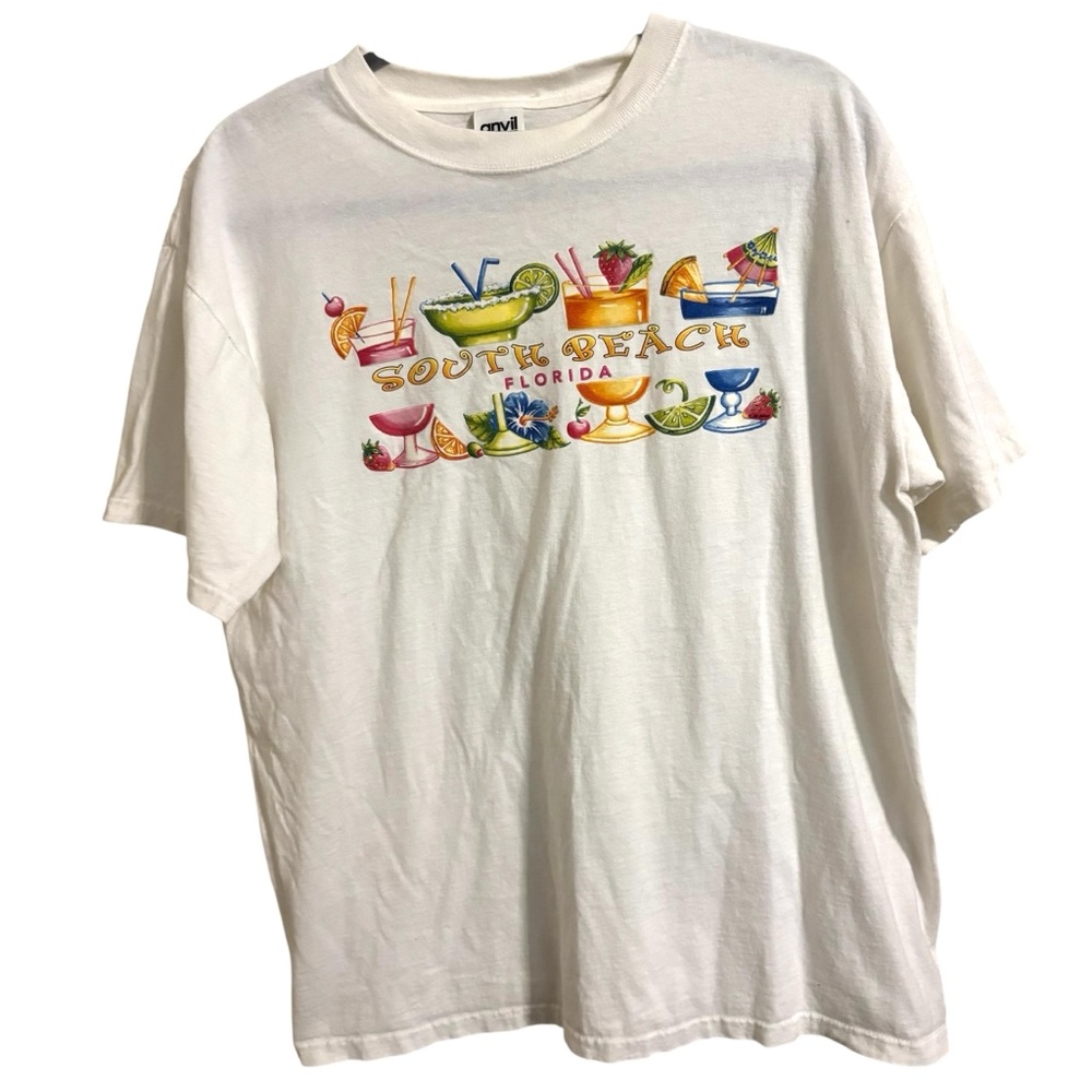 Vintage South Beach Florida Cocktail Print White‎ Cotton T-Shirt Large
